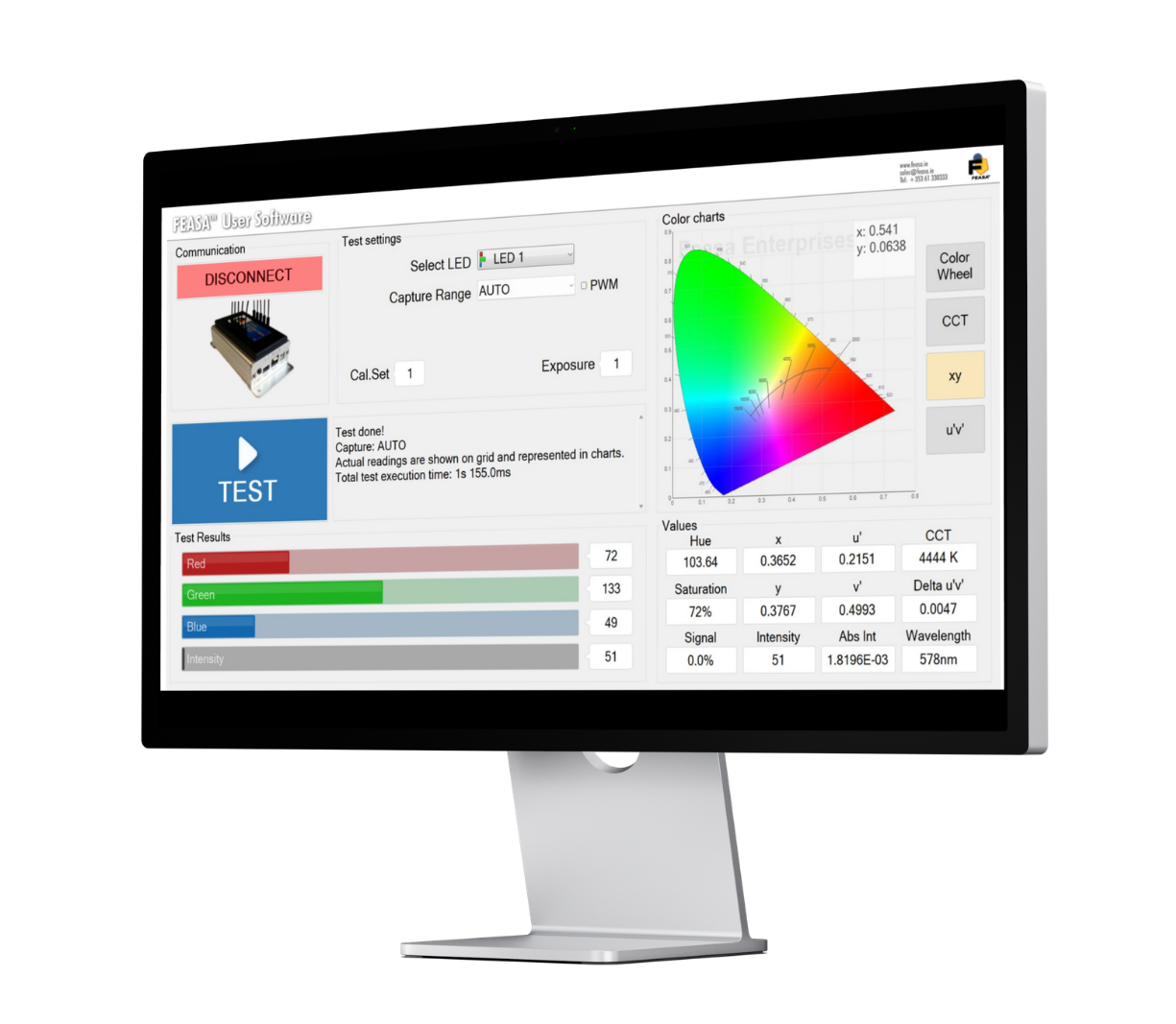 Feasa LED test software showing colour chart results